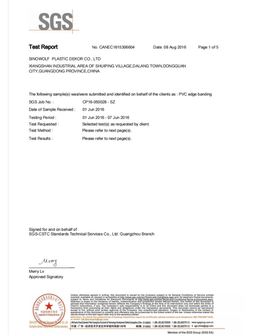 PVC Edge Banding-No 16P Test Report