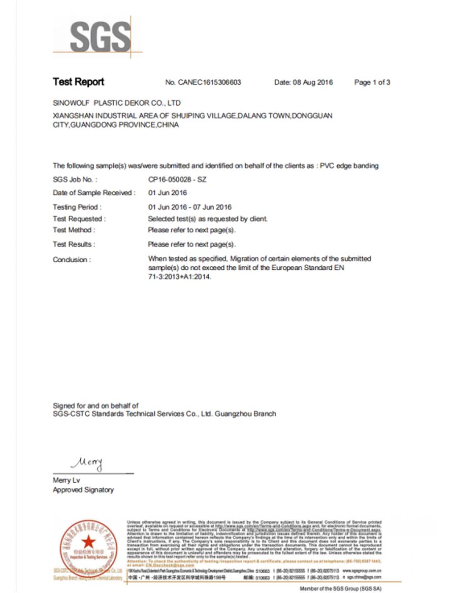 PVC Edge Banding Strip Has No Heavy Metal Detection Report